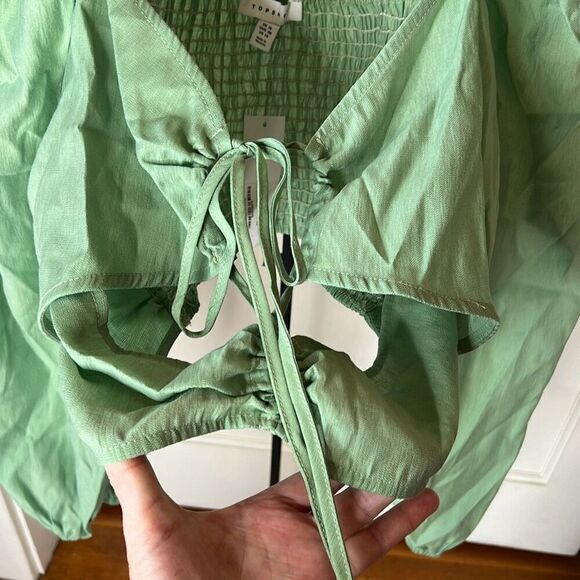 Topshop Ruched Cut Out Balloon Sleeve Top in Green Size 14 Nwt - Picture 5 of 9